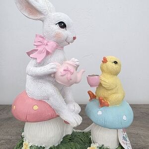 Easter Bunny and Easter Chick Sitting on Mushroom and Having a Cup of Tea Decor
